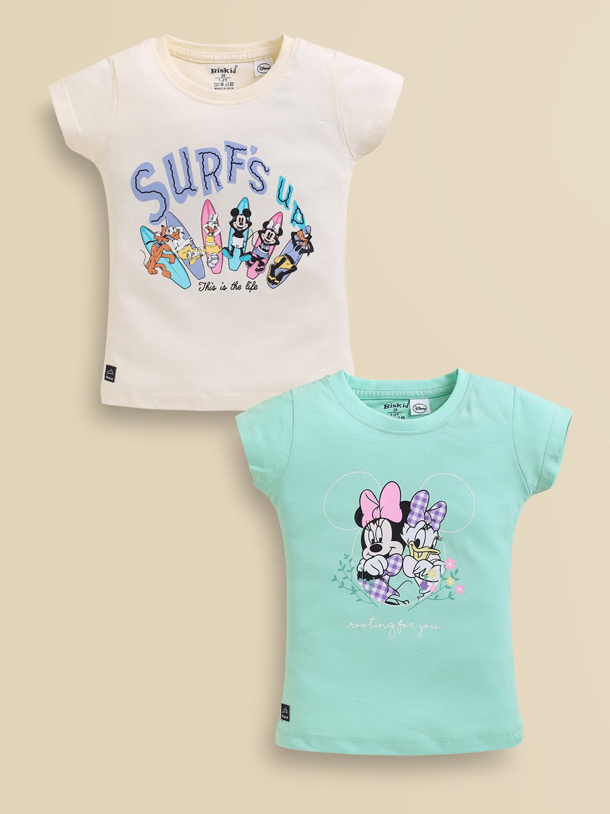 Biskid Girls Disney "Surfs Up" Cream and Minnie Mouse & Daisy Duck Mint Green Short-Sleeve Top Combo (Pack of 2)
