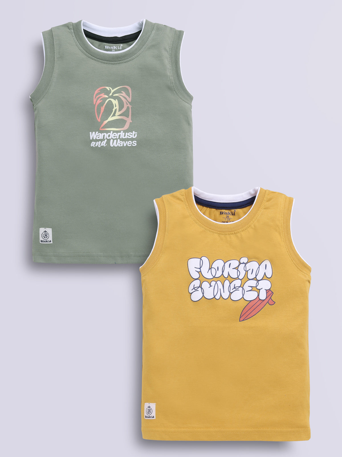Image file musterd_d_green.jpg showing a 2-pack of Biskid boys sleeveless vests/tank tops featuring graphic prints, including an olive green vest with "Wanderlust and Waves" graphics and a mustard yellow vest with "FLORIDA SUNSET" typography.