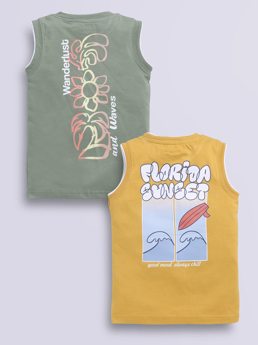 Image file musterd_d_green.jpg showing a 2-pack of Biskid boys sleeveless vests/tank tops featuring graphic prints, including an olive green vest with "Wanderlust and Waves" graphics and a mustard yellow vest with "FLORIDA SUNSET" typography.
