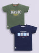 Image file navy_m.green.jpg showing a 2-pack of Biskid boys short-sleeve t-shirts featuring typographic prints, including a green tee with "BASIC LEADER" lettering and a navy blue tee with "BTDN" block letter graphics.