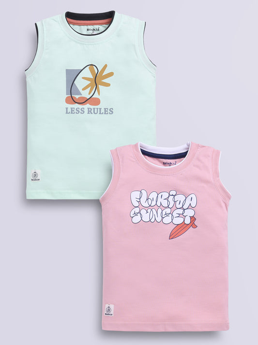 Image file peach_green.jpg showing a 2-pack of Biskid boys sleeveless vests/tank tops featuring graphic prints, including a mint green vest with "LESS RULES" typography and a soft pink vest with "FLORIDA SUNSET" graphics.