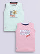 Image file peach_green.jpg showing a 2-pack of Biskid boys sleeveless vests/tank tops featuring graphic prints, including a mint green vest with "LESS RULES" typography and a soft pink vest with "FLORIDA SUNSET" graphics.