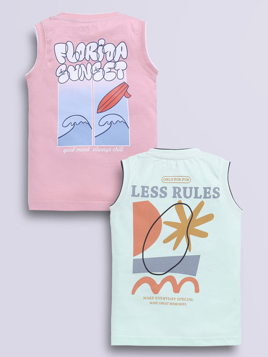 Image file peach_green.jpg showing a 2-pack of Biskid boys sleeveless vests/tank tops featuring graphic prints, including a mint green vest with "LESS RULES" typography and a soft pink vest with "FLORIDA SUNSET" graphics.