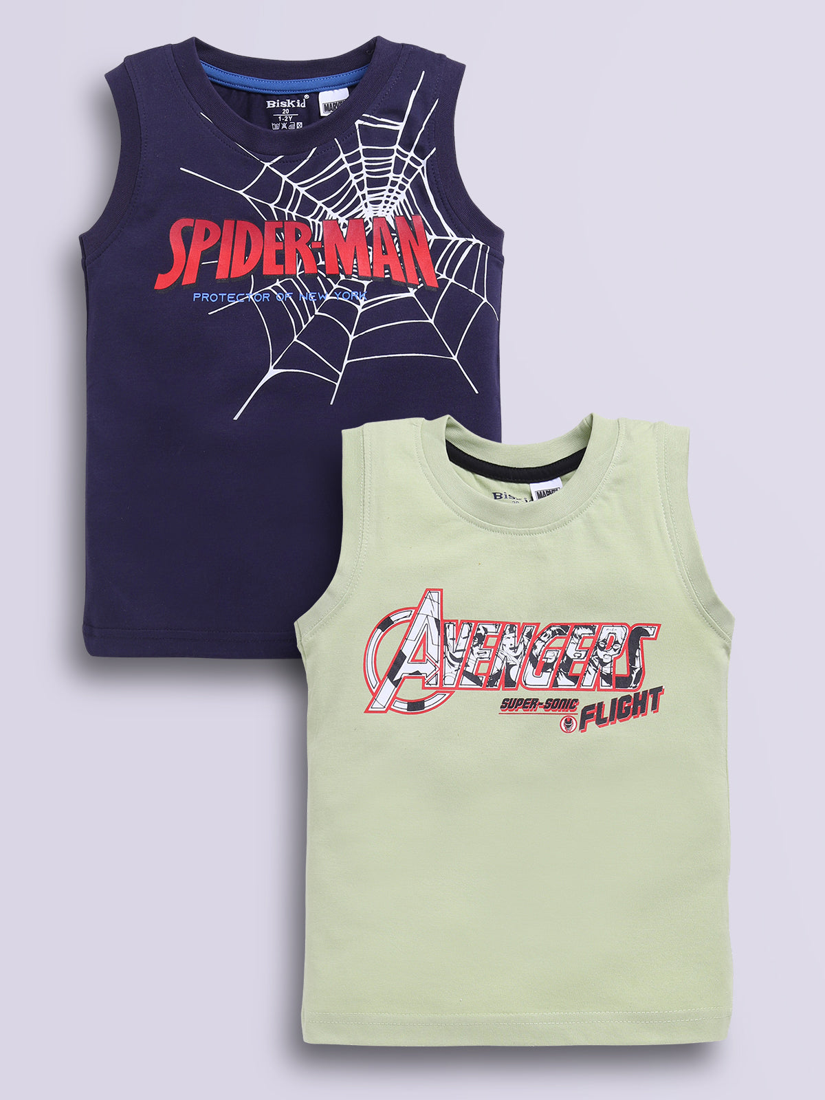 Image file pista_navy.jpg showing a 2-pack of Biskid boys Marvel sleeveless vests/tank tops featuring superhero graphics, including a navy blue vest with a Spider-Man web print and a pistachio green vest with "AVENGERS SUPER-SONIC FLIGHT" typography.