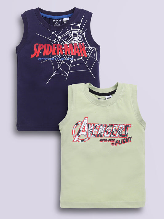 Image file pista_navy.jpg showing a 2-pack of Biskid boys Marvel sleeveless vests/tank tops featuring superhero graphics, including a navy blue vest with a Spider-Man web print and a pistachio green vest with "AVENGERS SUPER-SONIC FLIGHT" typography.