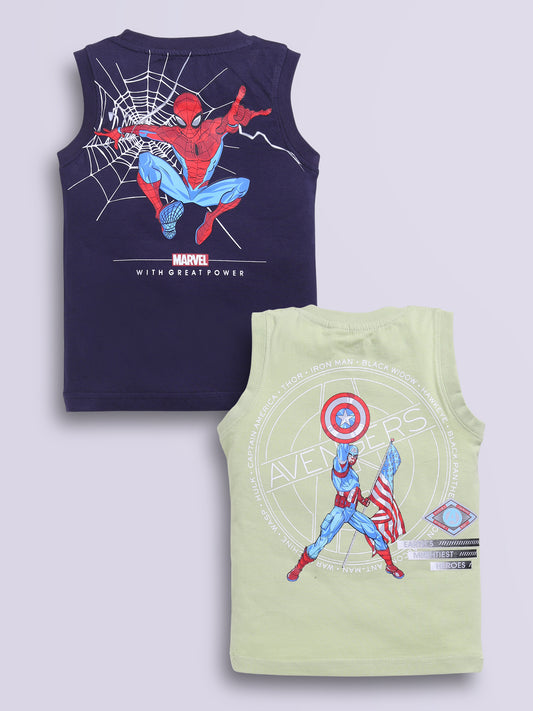 Image file pista_navy.jpg showing a 2-pack of Biskid boys Marvel sleeveless vests/tank tops featuring superhero graphics, including a navy blue vest with a Spider-Man web print and a pistachio green vest with "AVENGERS SUPER-SONIC FLIGHT" typography.