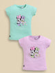 Image file showing a 2-pack of Biskid girls short-sleeve tops featuring Disney prints, including a mint green top and a lavender top both with a Minnie Mouse and Daisy Duck "rooting for you" graphic.