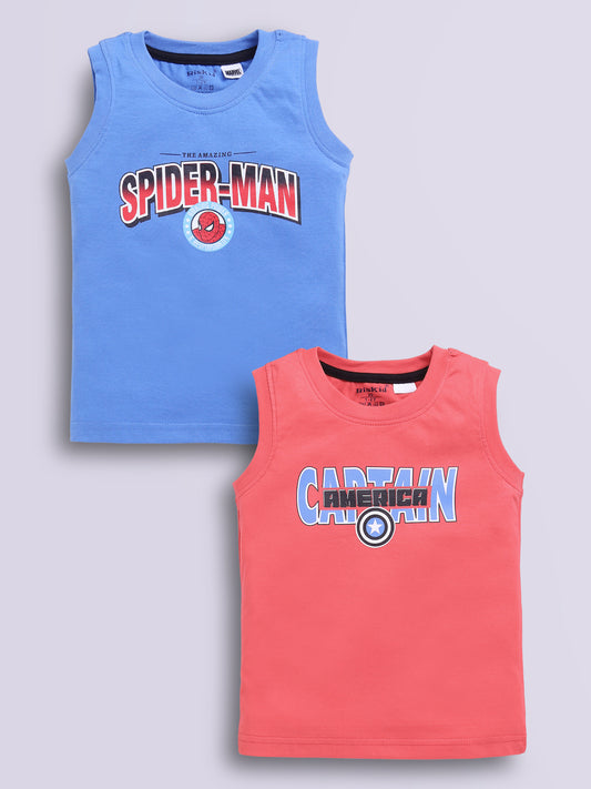 Image file red_blue.jpg showing a 2-pack of Biskid boys Marvel sleeveless vests/tank tops featuring superhero graphics, including a bright blue vest with Spider-Man branding and a vibrant red vest with Captain America typography and shield logo.
