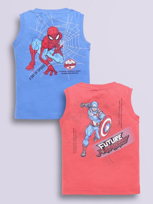 Image file red_blue.jpg showing a 2-pack of Biskid boys Marvel sleeveless vests/tank tops featuring superhero graphics, including a bright blue vest with Spider-Man branding and a vibrant red vest with Captain America typography and shield logo.