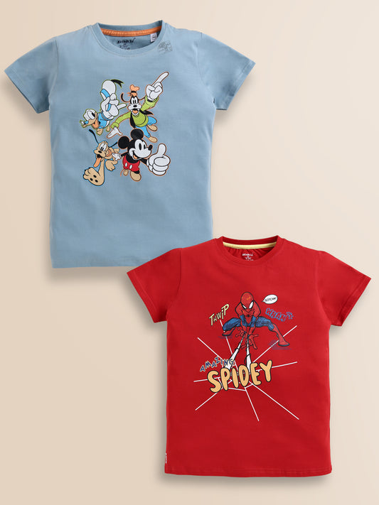 Image file red_sky.jpg.jpg showing a 2-pack of Biskid boys short-sleeve t-shirts featuring character graphics, including a light blue tee with classic Disney characters and a red tee with a dynamic Spider-Man "AMAZING SPIDEY" graphic.