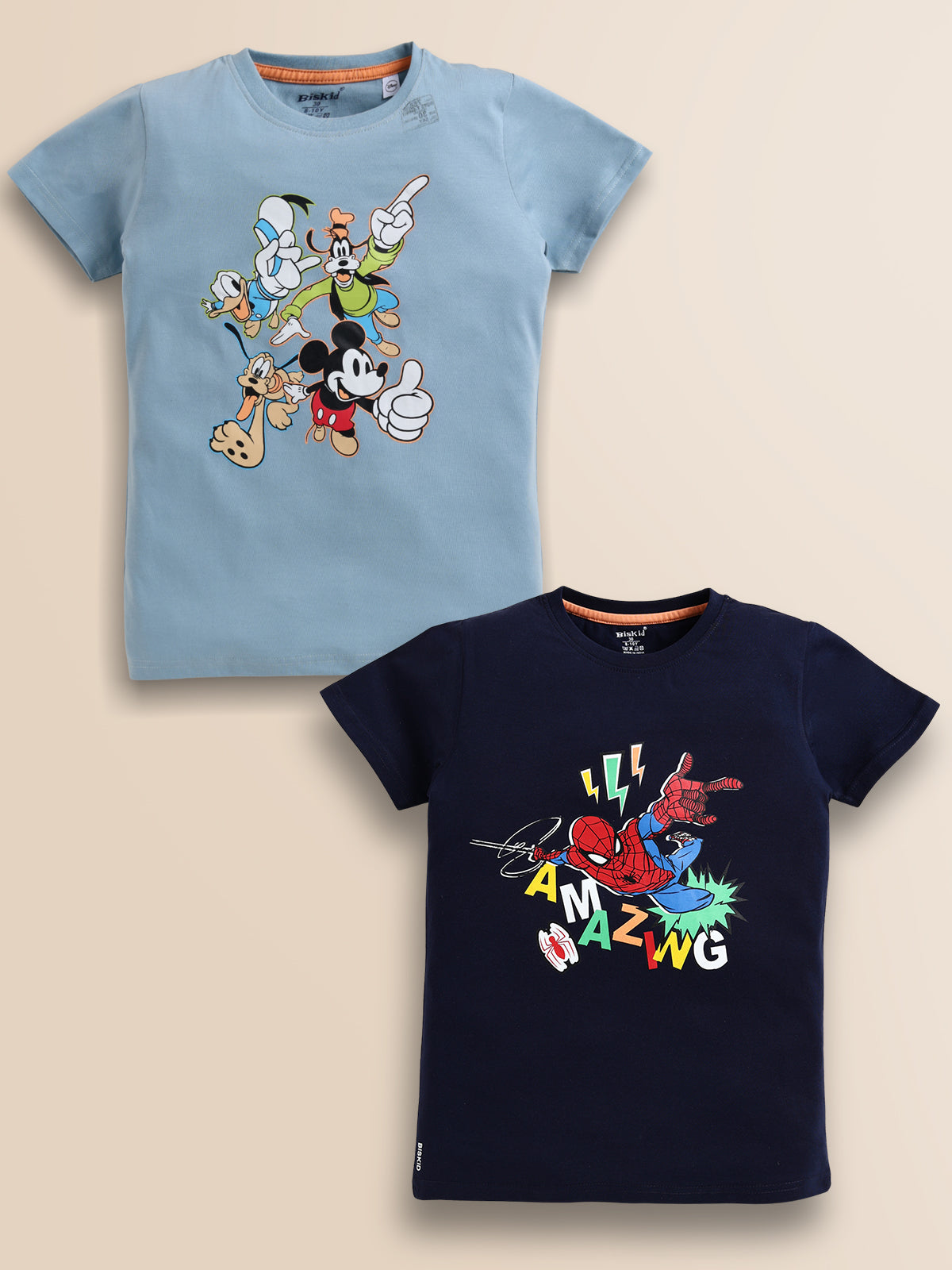 Image file sky_navy.jpg.jpg showing a 2-pack of Biskid boys short-sleeve t-shirts featuring character graphics, including a light blue tee with classic Disney characters and a navy blue tee with a dynamic Spider-Man "AMAZING" action graphic.