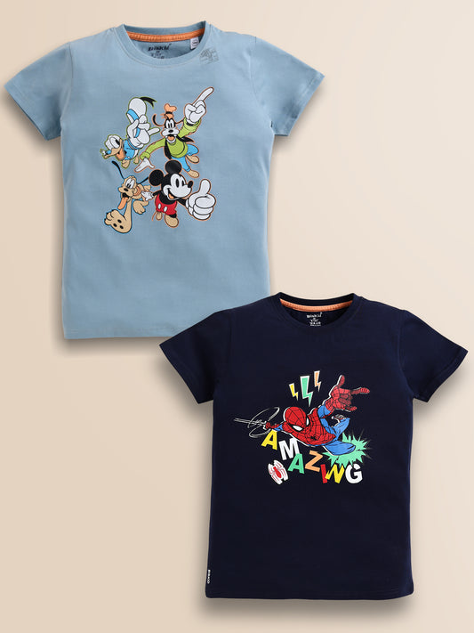 Image file sky_navy.jpg.jpg showing a 2-pack of Biskid boys short-sleeve t-shirts featuring character graphics, including a light blue tee with classic Disney characters and a navy blue tee with a dynamic Spider-Man "AMAZING" action graphic.