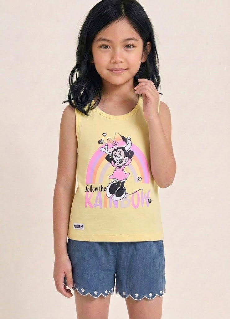 Biskid Girls Disney Minnie Mouse Yellow "Follow the Rainbow" and Daisy Duck Peach Floral Sleeveless Tank Top Combo (Pack of 2)