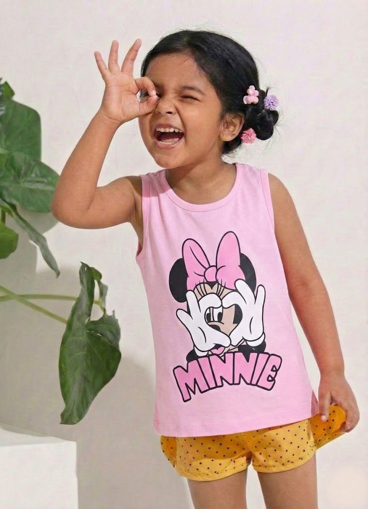 Biskid Girls Disney Minnie Mouse Lemon Yellow "Follow the Rainbow" and Pink Heart Hands Sleeveless Tank Top Combo (Pack of 2)