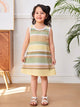 Annie brand girls sleeveless A-line frock. The dress features horizontal stripes in earthy tones of beige, green, pale yellow, and brown, white trim around the neck and armholes, a back snap closure, and the word "SUNSHINE" printed vertically near the bottom hem.