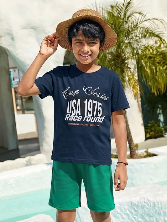 Biskid Boys "Cup Series" Racing Graphic Crew Neck T-Shirt - Navy Blue