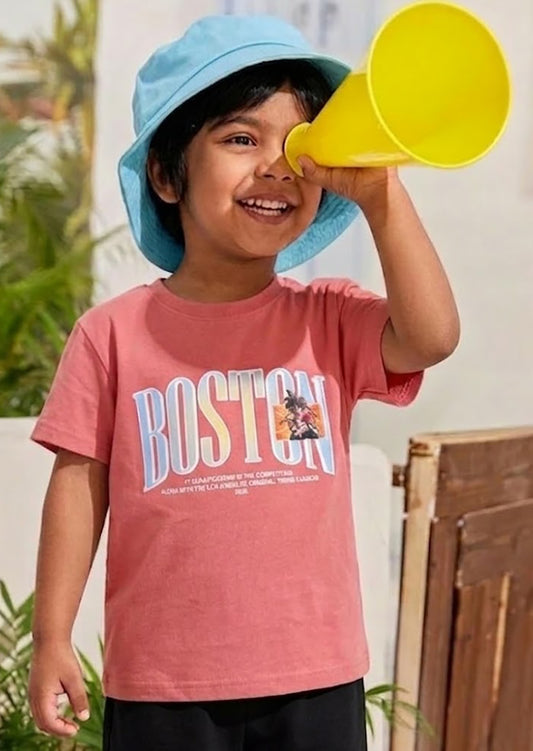 Image file 871-Brick.jpg showing a Biskid brand boys' brick red crew neck t-shirt with a "BOSTON" graphic on the front, displayed on a wooden hanger with a wooden cat-shaped toy and two toy cars nearby.