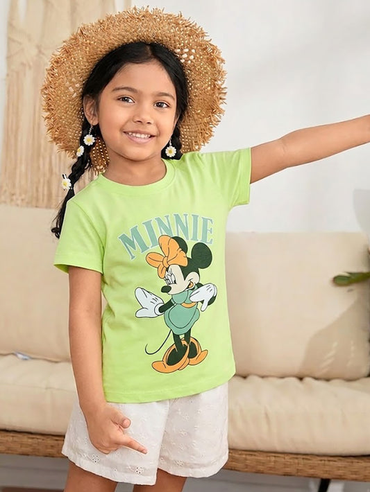 Image file 1819-Pnk--1819-L.Grn.jpg showing a 2-pack of Biskid girls short-sleeve tops featuring Disney prints, including a pink "Extra Cool" Minnie Mouse top and a light green Minnie Mouse graphic top