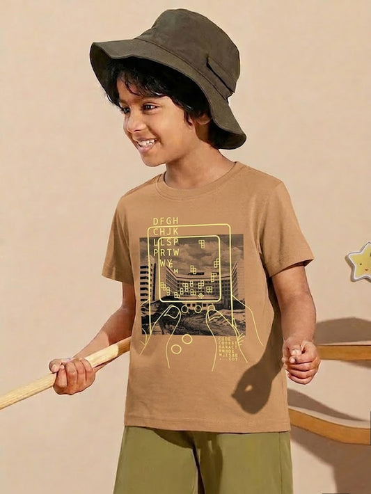 Biskid Boys Retro Gaming Graphic Crew Neck T-Shirt - Beige