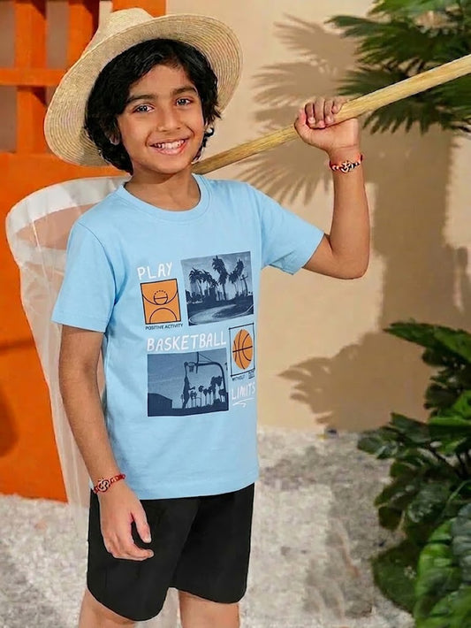 Image file 878-Mron--878-P.Blu.jpg showing a 2-pack of Biskid boys short-sleeve t-shirts featuring graphic prints, including a sky blue tee with basketball panel graphics and a maroon red tee with an "EXPLORE THE WORLD" mountain sunset graphic.