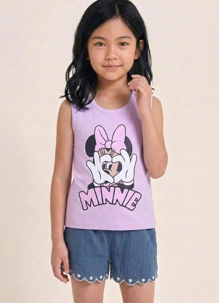 Biskid Girls Disney Daisy Duck Light Green Floral and Minnie Mouse Purple Heart Hands Sleeveless Tank Top Combo (Pack of 2)