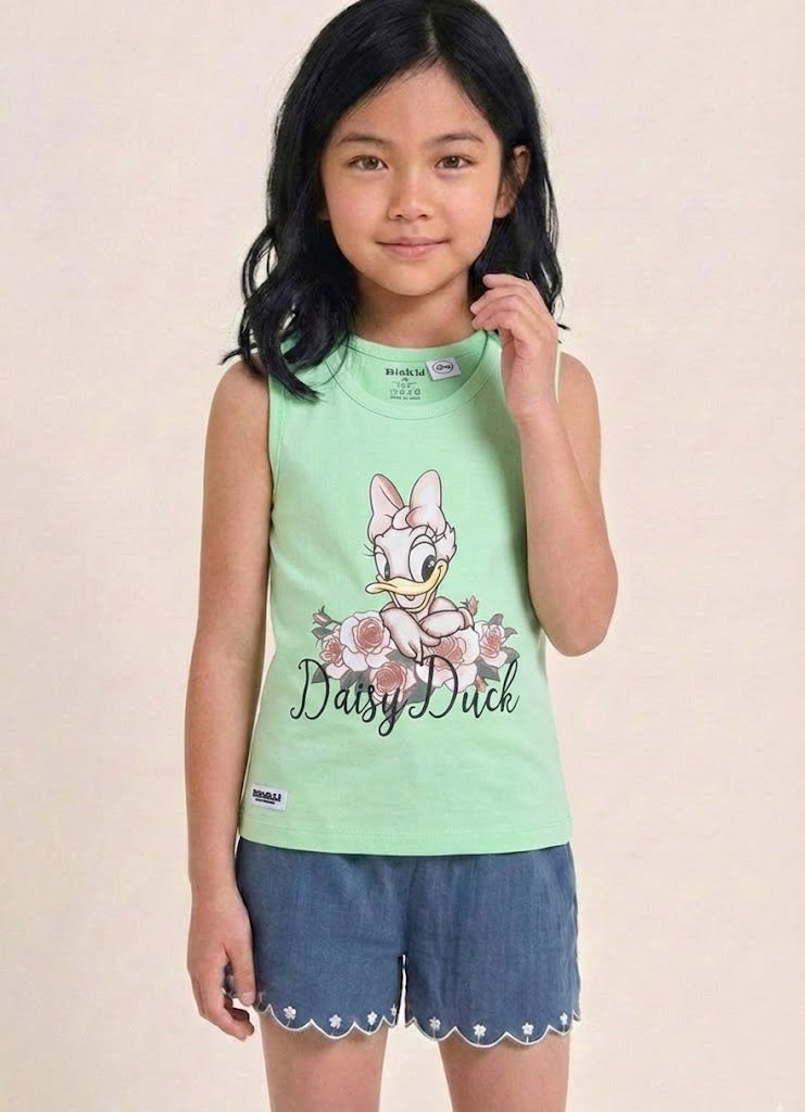 Biskid Girls Disney Daisy Duck Light Green Floral and Minnie Mouse Purple Heart Hands Sleeveless Tank Top Combo (Pack of 2)
