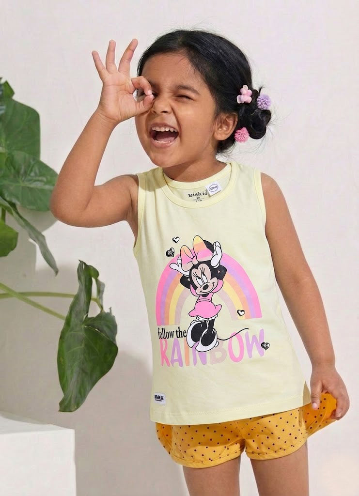 Biskid Girls Disney Minnie Mouse Lemon Yellow "Follow the Rainbow" and Pink Heart Hands Sleeveless Tank Top Combo (Pack of 2)