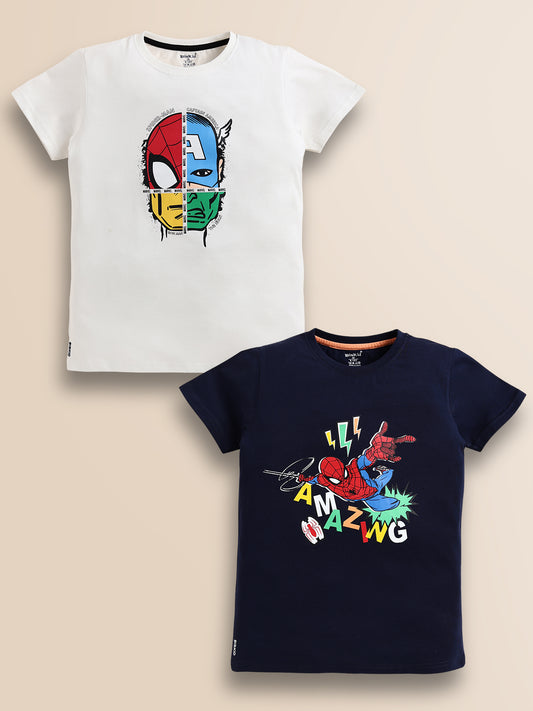 Image file white_navy.jpg.jpg showing a 2-pack of Biskid boys short-sleeve t-shirts featuring Marvel graphics, including a white tee with a multi-hero mashup face print and a navy blue tee with a dynamic Spider-Man "AMAZING" action graphic.